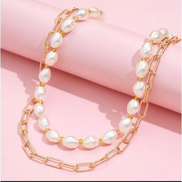 Double Layer Faux Pearl Chunky Gold Paperclip chain Necklace Cottagecore Classy - Picture 5 of 7